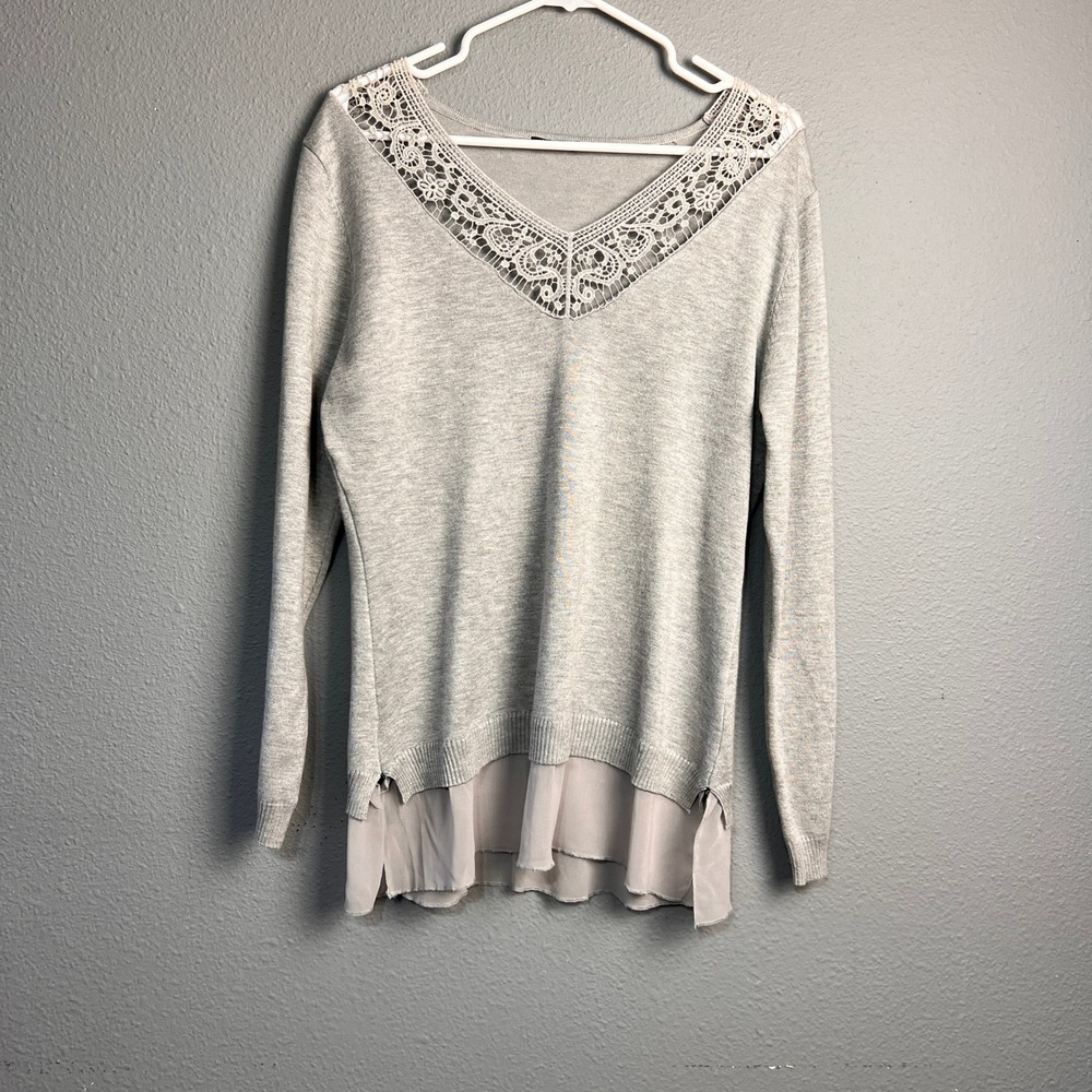 Vila Milano Grey Crochet Lace V-Neck Layered Chiffon Hem Knit Sweater RN Granny‎